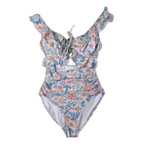 Eomenie Floral Ruffle One Piece Swimsuit Blue Peach Cutout Size Small